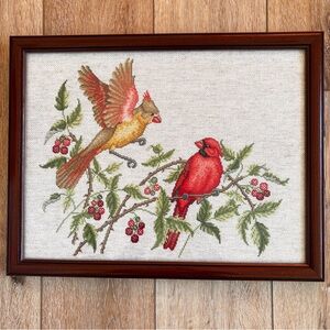 VTG Cross Stitch Cardinals Framed "Red Birds and Raspberries" 14x19 inches 1991
